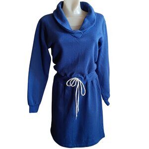 Small 5/7 Vintage Dress 1980's Sears Cowl Neck Drawstring Waist Sweat Jersey USA